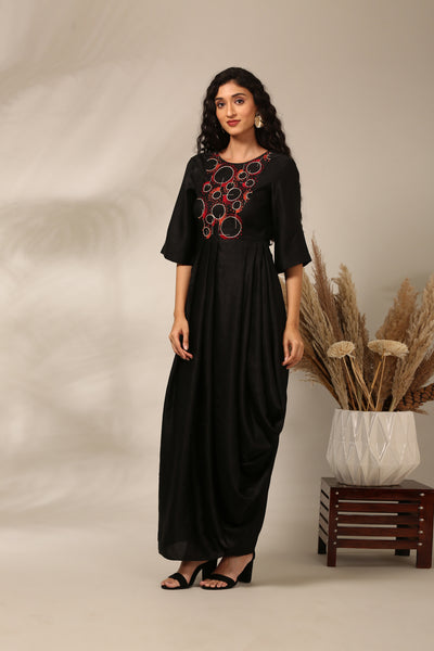 Black Slub Silk Long Dress  - AS0720