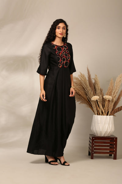 Black Slub Silk Long Dress  - AS0720