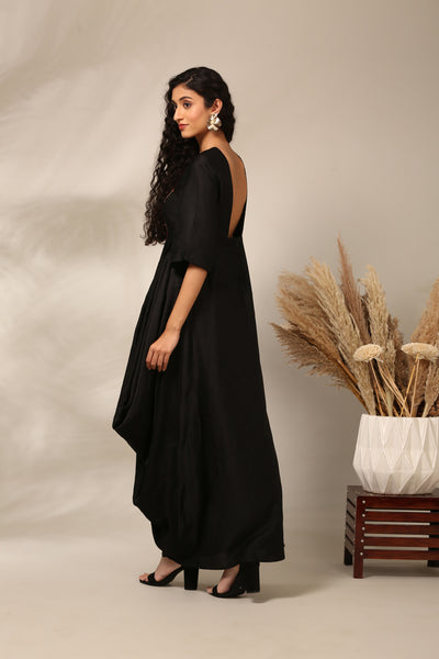 Black Slub Silk Long Dress  - AS0720