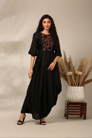 Black Slub Silk Long Dress  - AS0720