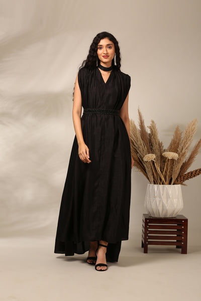 Black Slub Silk Long Dress  - AS0722