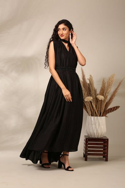 Black Slub Silk Long Dress  - AS0722