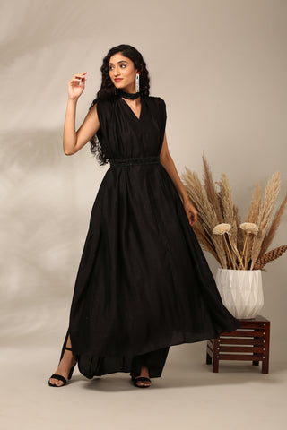 Black Slub Silk Long Dress  - AS0722