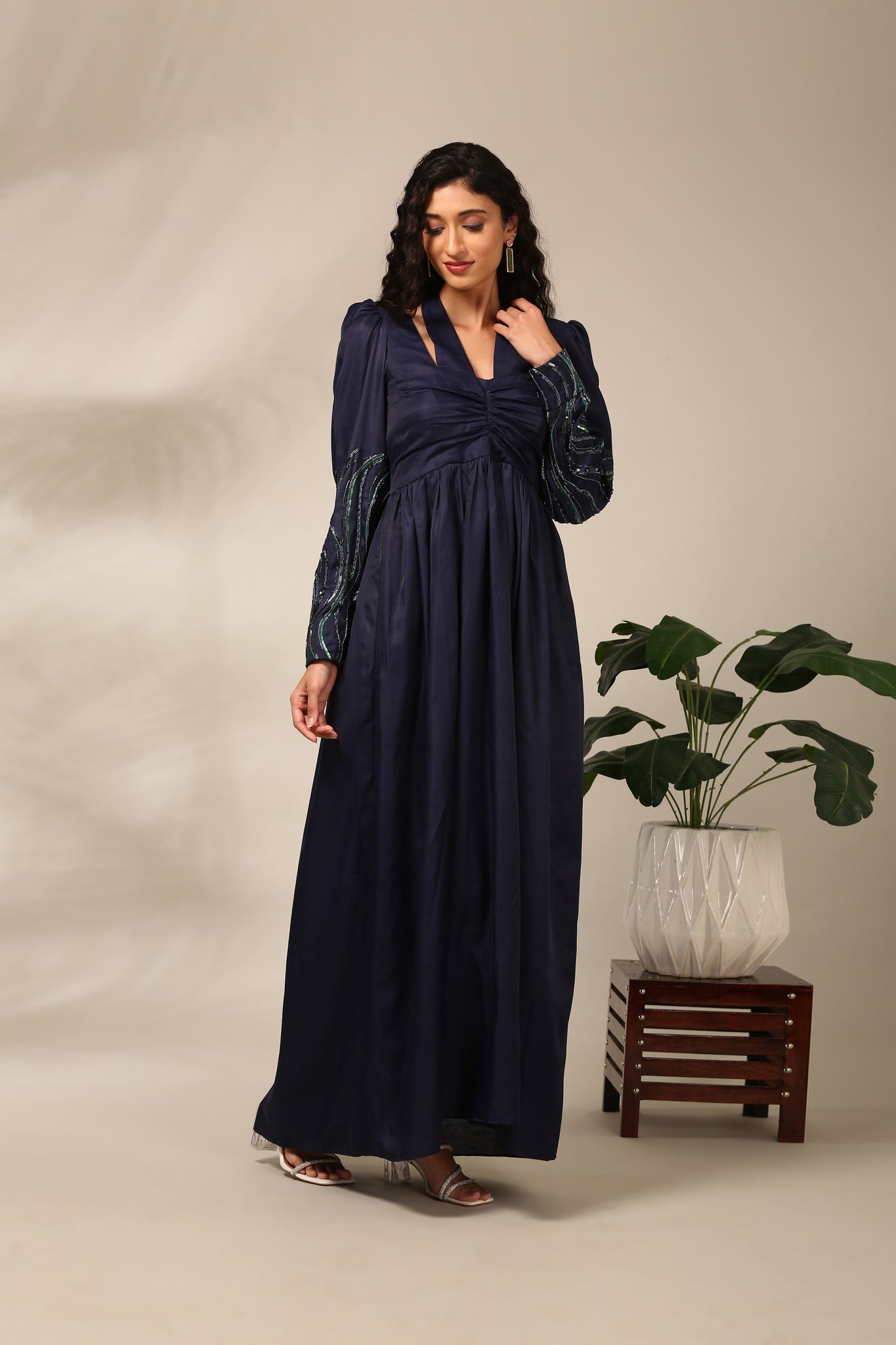 Blue Linen Satin Dress - AS0725 Asmi Shop Blue Linen Satin Dress - AS0725 Asmi Shop