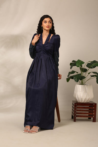 Blue Linen Satin Dress  - AS0725