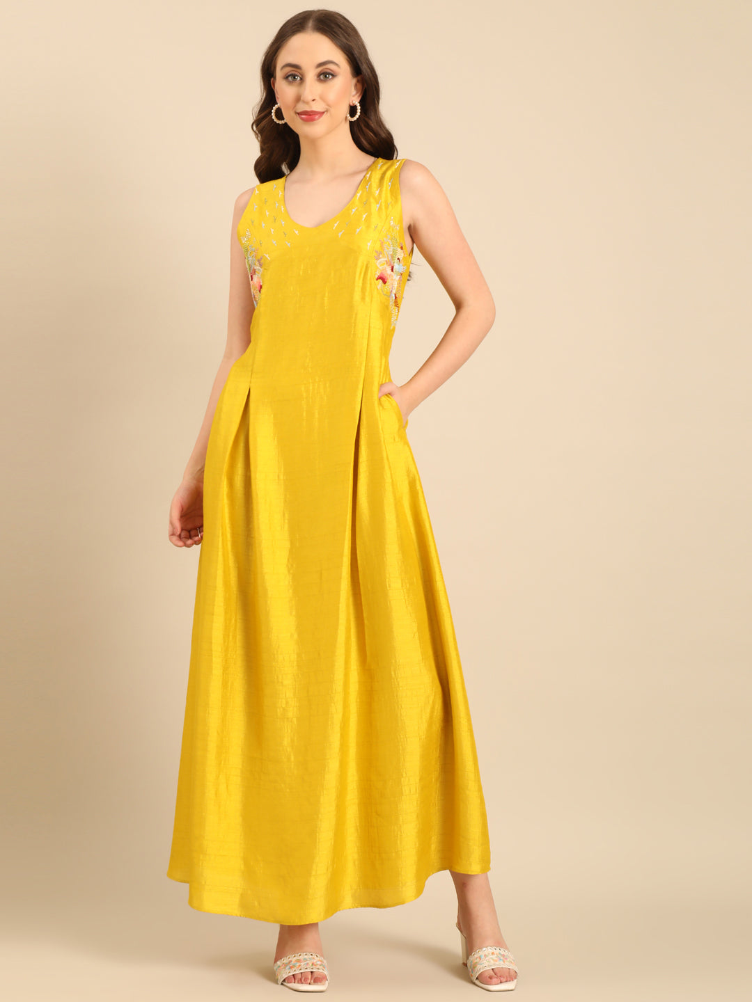 Yellow Bemberg Silk Sleeveless Dress  - AS0729