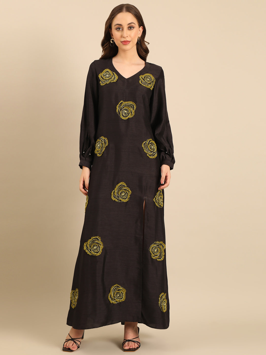 Black Bemberg Silk Flower-Embroidered Dress  - AS0737