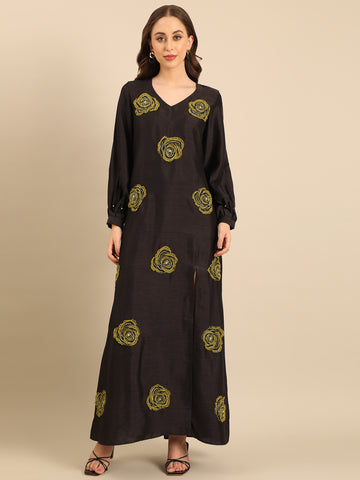 Black Bemberg Silk Flower-Embroidered Dress  - AS0737