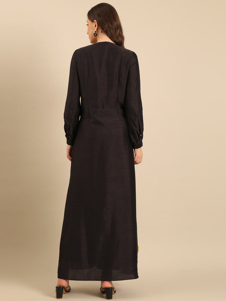 Black Bemberg Silk Flower-Embroidered Dress  - AS0737