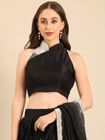Black Bemberg Silk High- Neck Blouse  -  ASBL0114