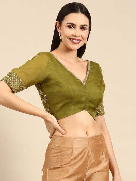 Green Embroidered Organza Blouse - ASBL094