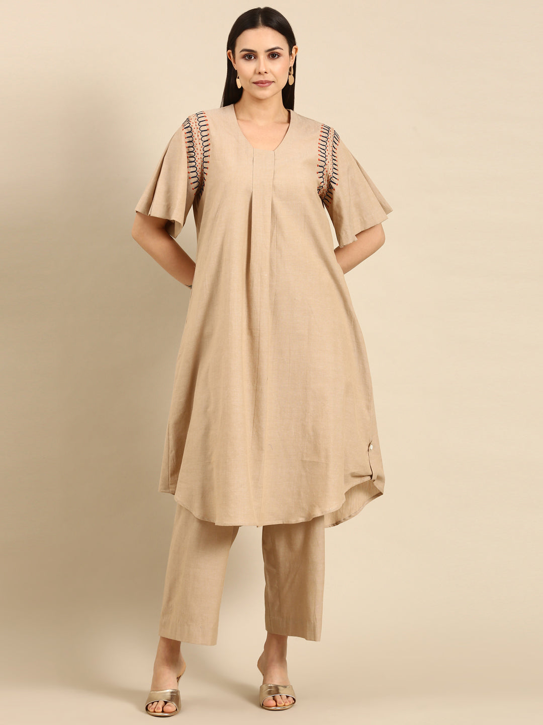 Beige Cotton Embroidered Co-ord Set - ASCRSET019