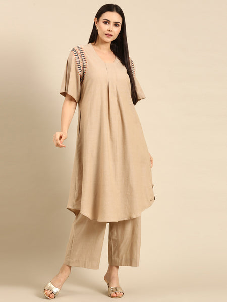 Beige Cotton Embroidered Co-ord Set - ASCRSET019