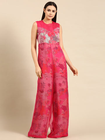 Pink Chanderi Printed Jump Suit - ASJS018