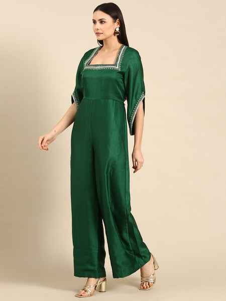 Green Silk Embroidered Jumpsuit - ASJS015