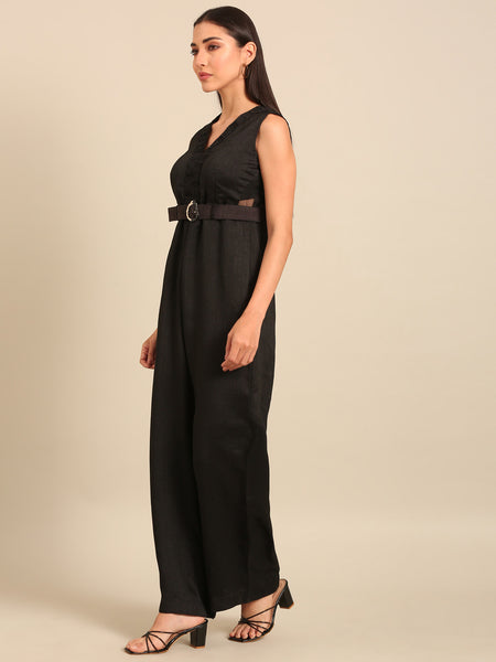 Black Bemberg Silk Jumpsuit (Noir Luxe Monolith) - ASJS023