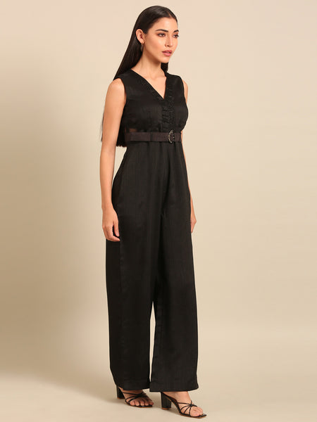 Black Bemberg Silk Jumpsuit (Noir Luxe Monolith) - ASJS023