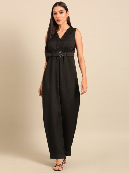 Black Bemberg Silk Jumpsuit (Noir Luxe Monolith) - ASJS023