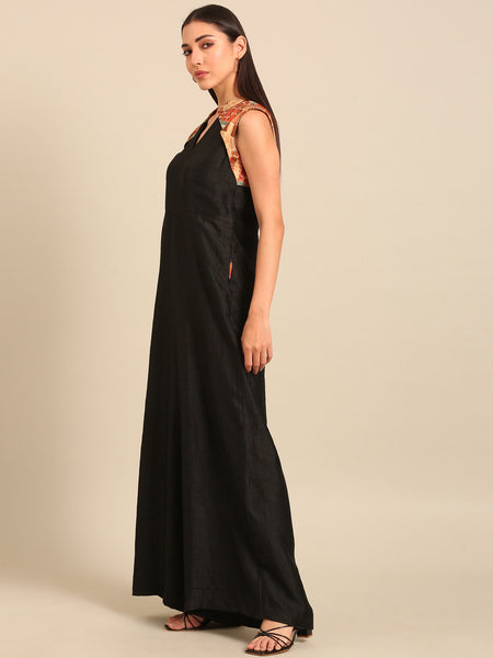 Black Printed Bemberg Silk/Muslin Jumpsuit - ASJS024