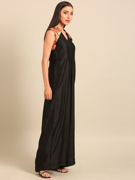 Black Printed Bemberg Silk/Muslin Jumpsuit - ASJS024