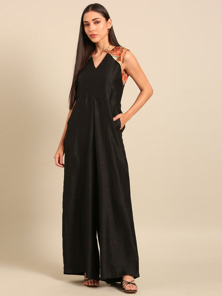 Black Printed Bemberg Silk/Muslin Jumpsuit - ASJS024