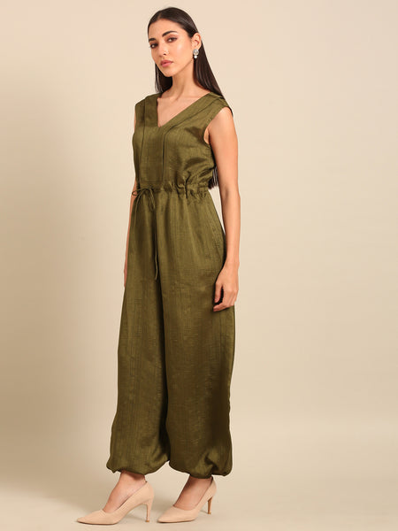 Mehendi Green Bemberg Silk Jumpsuit (Minted Basil Sovereign) - ASJS025