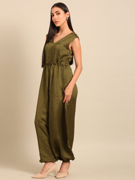 Mehendi Green Bemberg Silk Jumpsuit (Minted Basil Sovereign) - ASJS025