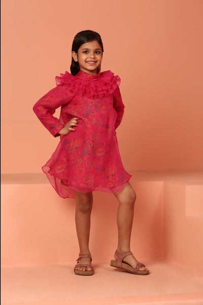 Chanderi Pink Printed Dress - ASKW014