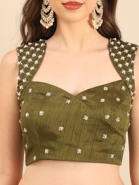 Green Brown Chanderi Lehenga Set  -  ASLHSET009