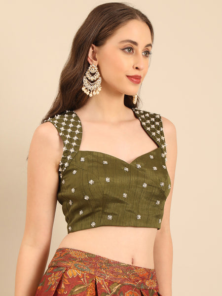 Green Brown Chanderi Lehenga Set  -  ASLHSET009