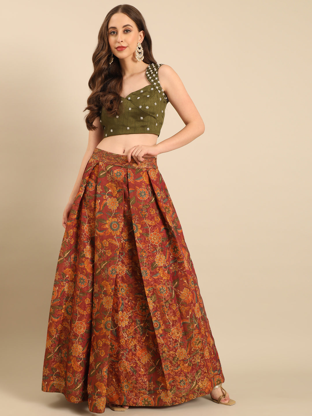 Green Brown Chanderi Lehenga Set  -  ASLHSET009