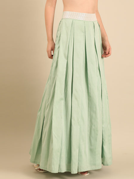 Green Silk Cotton Lehenga Set  -  ASLHSET011