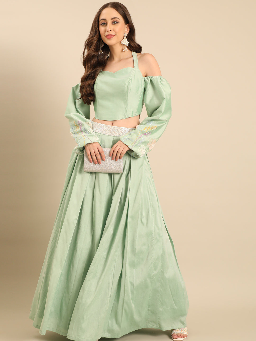 Green Silk Cotton Lehenga Set  -  ASLHSET011