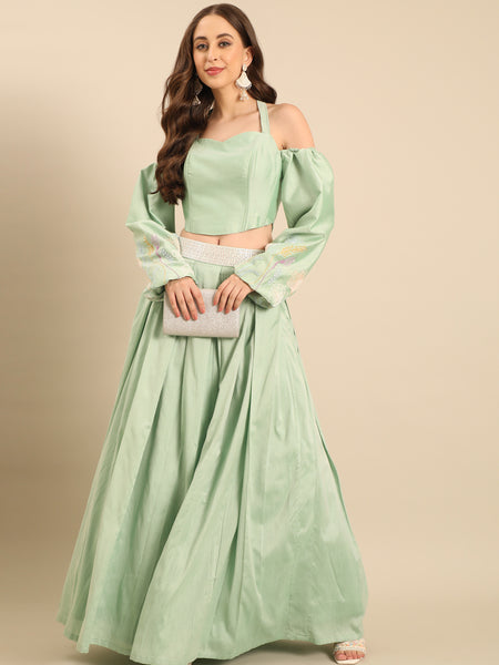Green Silk Cotton Lehenga Set  -  ASLHSET011