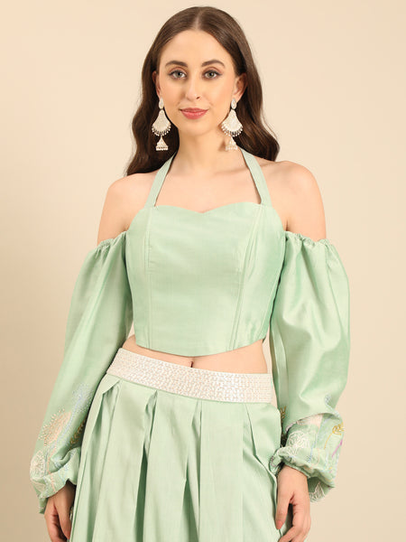 Green Silk Cotton Lehenga Set  -  ASLHSET011