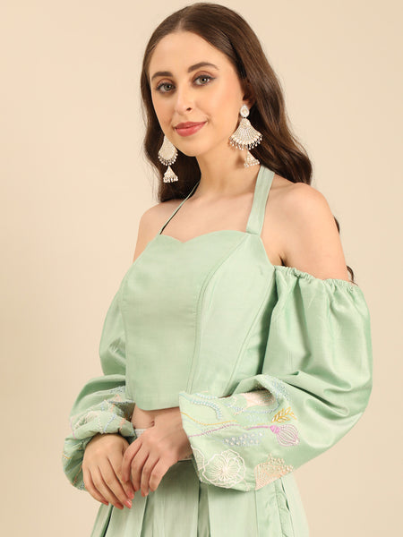 Green Silk Cotton Lehenga Set  -  ASLHSET011