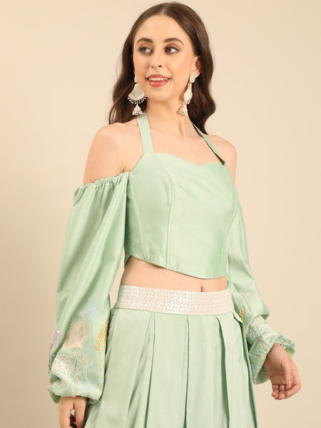Green Silk Cotton Lehenga Set  -  ASLHSET011