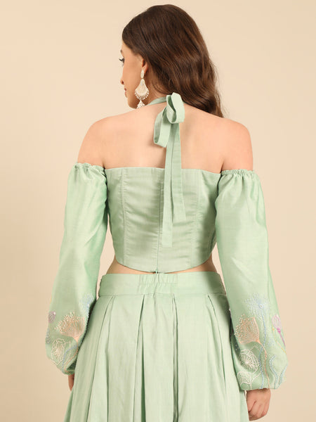 Green Silk Cotton Lehenga Set  -  ASLHSET011