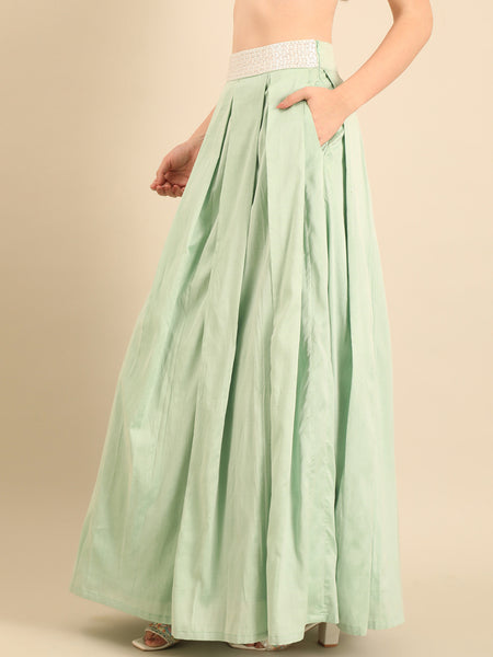 Green Silk Cotton Lehenga Set  -  ASLHSET011