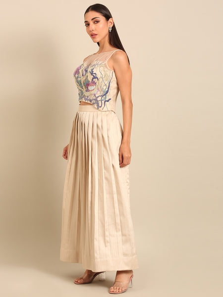 Beige Bemberg Silk Lehenga Set - ASLHSET013