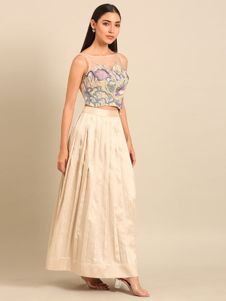 Beige Bemberg Silk Lehenga Set - ASLHSET013