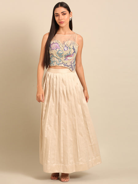 Beige Bemberg Silk Lehenga Set - ASLHSET013