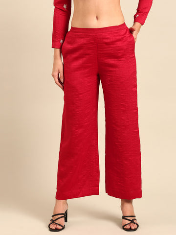 Red Silk Cotton Slub Pants - ASPL051