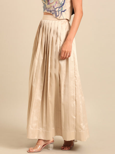 Beige Bemberg Silk Pleated Skirt (The Sandstone Knife-Pleat) - ASSK009