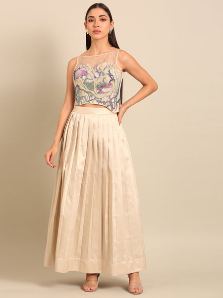 Beige Bemberg Silk Pleated Skirt (The Sandstone Knife-Pleat) - ASSK009