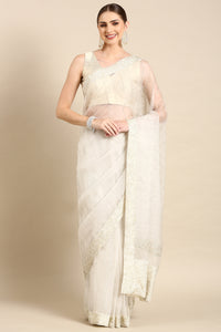 Ivory Silk Organza Embellished Saree - ASSR001