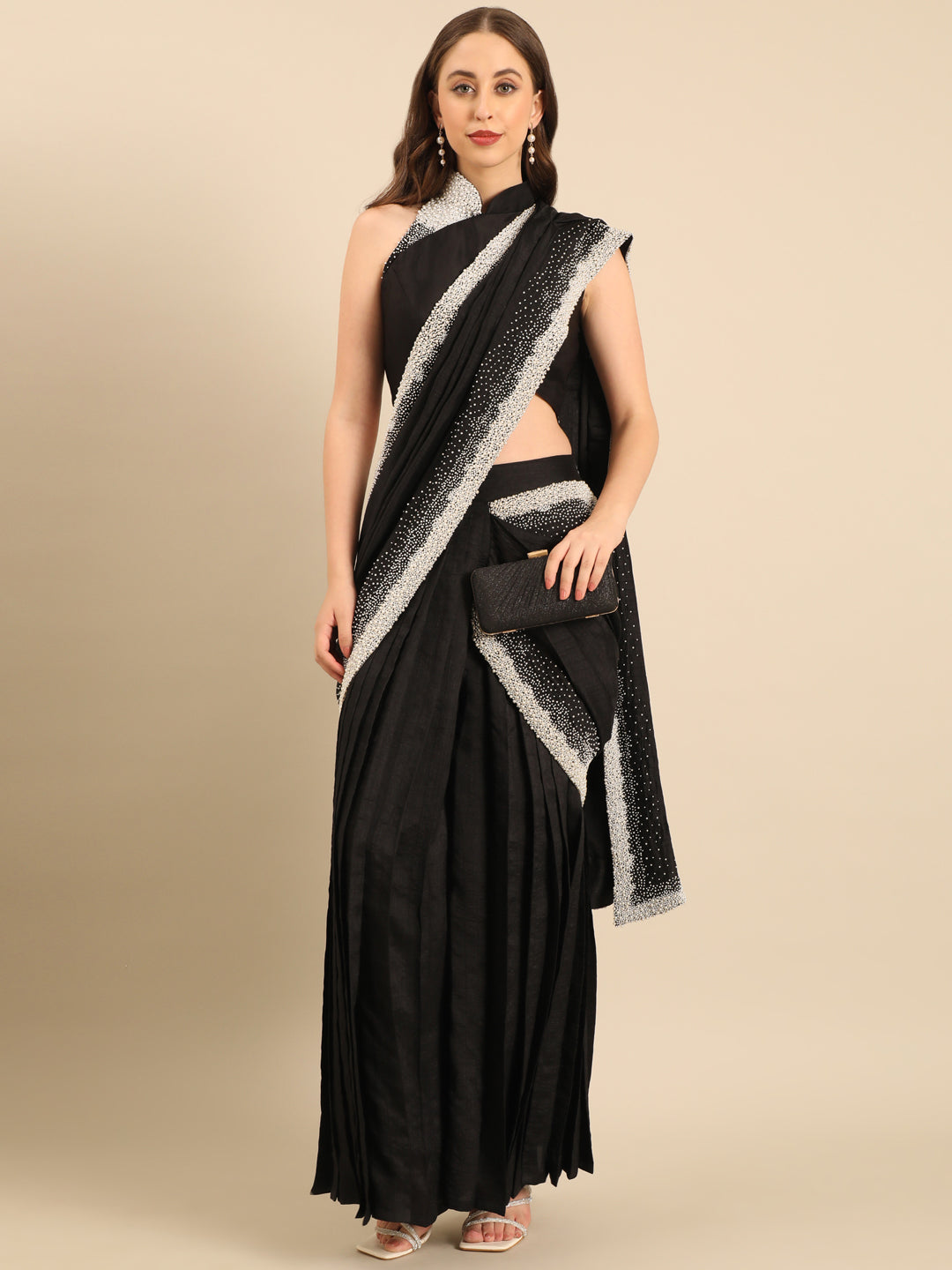 Black Bemberg Ready Saree with Blouse - ASSRSET001