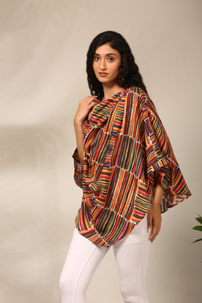 Red, Yellow, Beige & Green Silk Muslin Digital Print Short Top - ASST0103