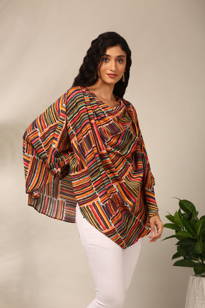 Red, Yellow, Beige & Green Silk Muslin Digital Print Short Top - ASST0103