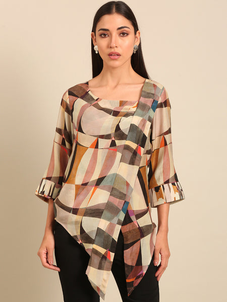 Beige Abstract Printed Muslin Top (The Mosaic Muse) - ASST0110